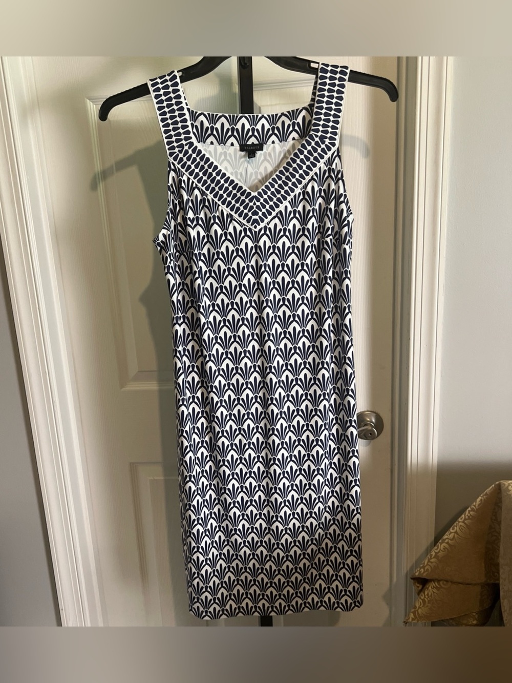 TALBOT'S Womens Navy/White  Fan Print Slipon Sleeveless Dress M NWT Comfy Cool